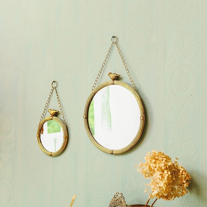 NIKKY HOME 11 Inch Decorative Small Hanging Mirrors Vintage Round Metal Framed Wall Mounted Mirror Decor with Bird for Bathroom Living Room Office, Rustic Gold
