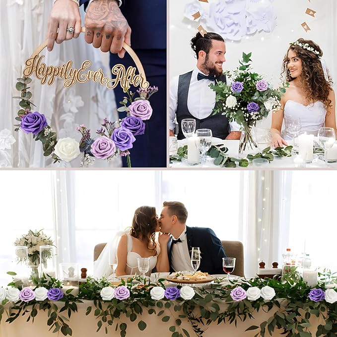 Artificial Flowers 50PCS Purple Roses Real Looking Foam Fake Roses with Leaves and for DIY Wedding Bouquets Bridal Shower Centerpieces Party Decorations (Purple Series, 50)