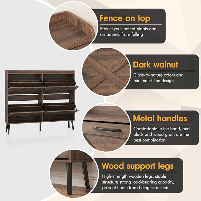 Maupvit Large Shoe Storage Cabinet with 4 Flip Drawers, Narrow Shoe Cabinet for Entryway with Wooden Legs, Freestanding Hidden Shoe Rack Organizer & Metal Hinges, Walnut