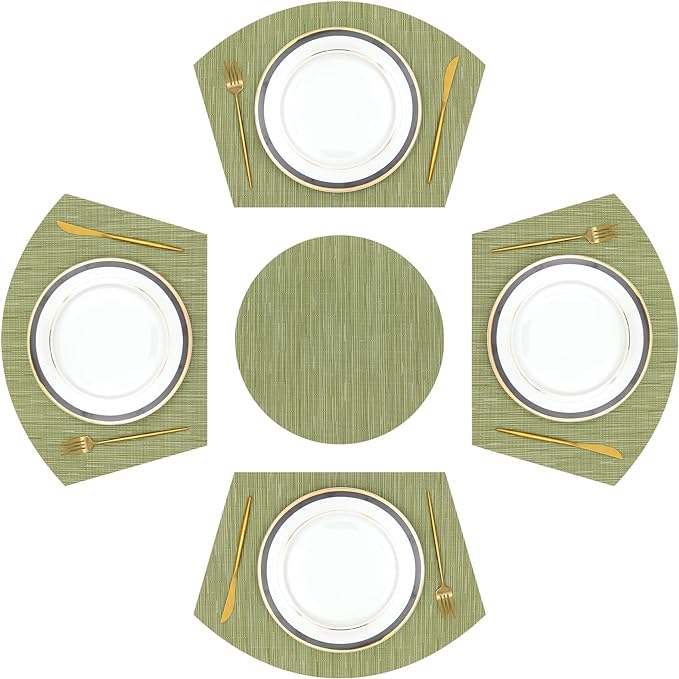 SHACOS Large Size Wedge Shape Placemats with Centerpiece Round Mat Set of 5 Round Table Place Mats Washable Dining Table Placemats Reversible, Green