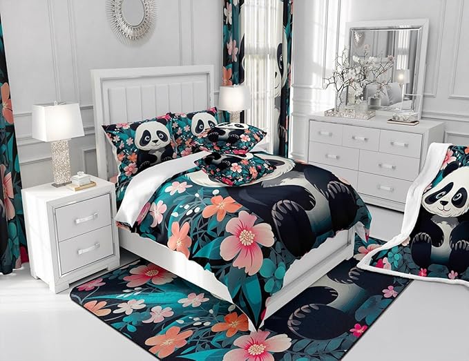 Feelyou Panda Fabric Shower Curtain Cute Panda Shower Curtain for Boys Girls Cartoon Bathroom Waterproof Accessories with 12 Hooks Flower Pattern Curtains,72x78 Inches