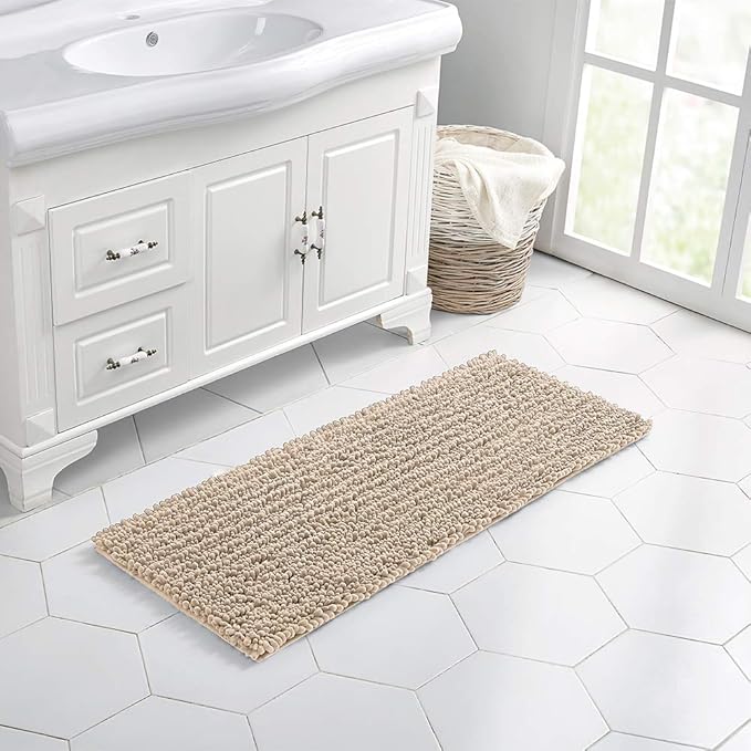Walensee Large Bathroom Rug Non Slip Bath Mat (24x60 Inch Beige) Water Absorbent Super Soft Shaggy Chenille Machine Washable Dry Extra Thick Perfect Absorbant Best Plush Carpet for Shower Floor