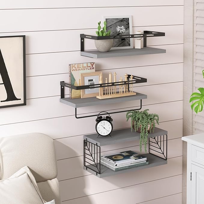 Fixwal 3+1 Tier Wall Mounted Bathroom Shelves Over Toilet, Rustic Wood Floating Shelves with Metal Frame and Towel Bar for Bathroom, Kitchen, Bedroom, Living Room (Gray)