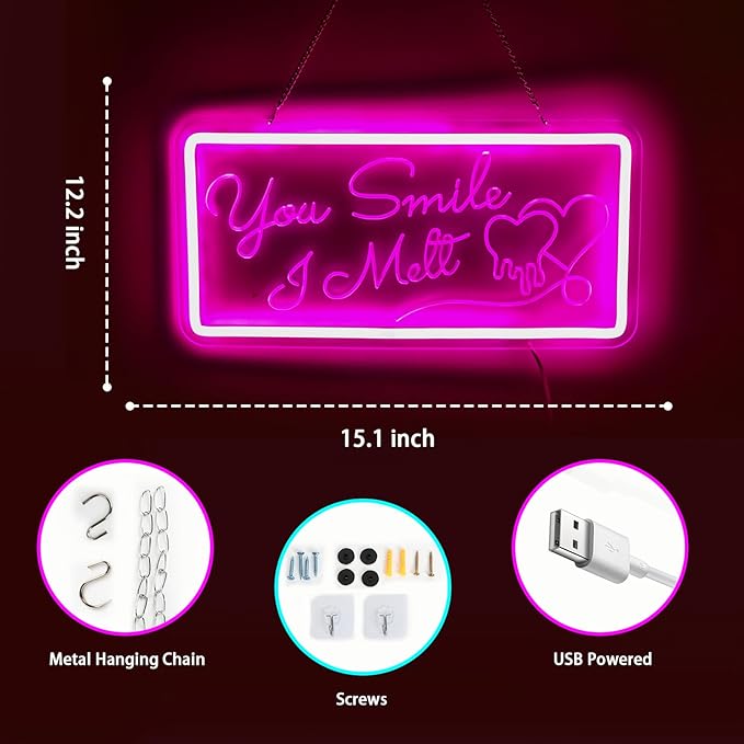 Neon Sign for Wall Decor, You Smile, I Melt Neon Signs, Pink Led Light Neon Signs with Dimmable Switch, USB Powered, Bedroom, Birthday, Living Room Decor, Girlfriend Gift