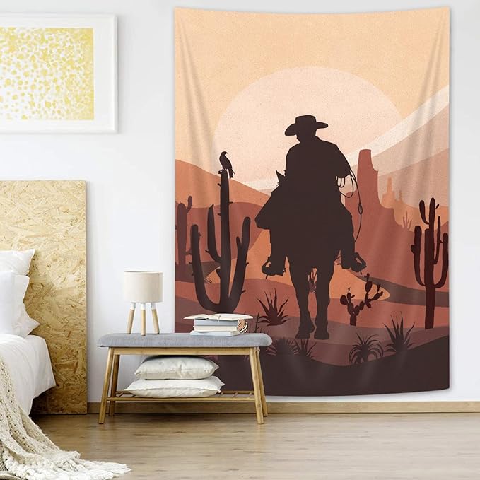 Western Cowboy Tapestry, Country Themed Clipart Illustration Cowboy Riding in Desert Wild West, Mid Century Modern Cactus Moon Bohemian Tapestry Wall Hanging Bedroom Living Room Dorm, 30X40IN