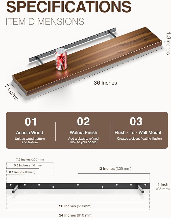 BATODA Set of 2 36" Acacia Floating Shelves for Wall – Rustic Farmhouse Floating Shelves - Wooden Wall Storage Shelf Home Décor - DIY Floating Book Shelves - with Brackets & Hardware (Walnut Color)