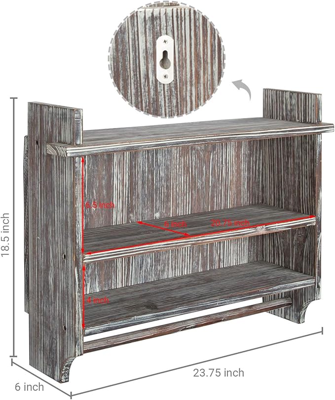 MyGift 3 Tier Wall Mounted Rustic Torched Wood Bathroom Storage Shelves, Wooden Floating Shelf Toilet Paper Holder Rack with 23 Inch Wide Towel Hanging Bar
