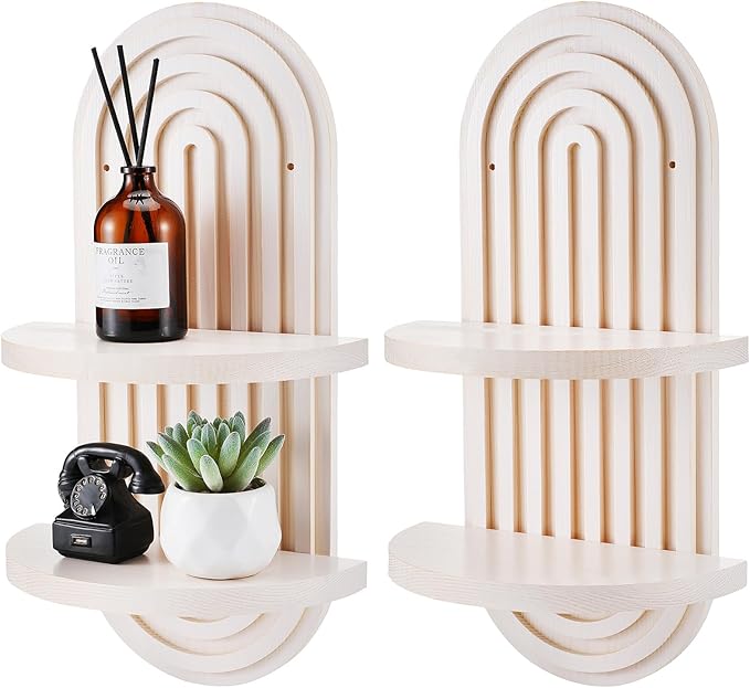 Wenqik 2 Pcs Boho Wall Shelf Rainbow Arch Wooden Floating Shelf Mid Century Bohemian Hanging Holder Double Vintage Wall Mount Altar Decor for Nursery Bedroom 15.75 x 6.69 Inches(White)