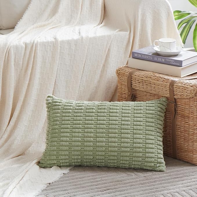 Fancy Homi 4 Packs Sage Green Decorative Throw Pillow Covers 14x24 Inch for Living Room Couch Bed Sofa, Rustic Farmhouse Boho Home Decor Soft Plush Striped Corduroy Square Cushion Case 35x60 cm