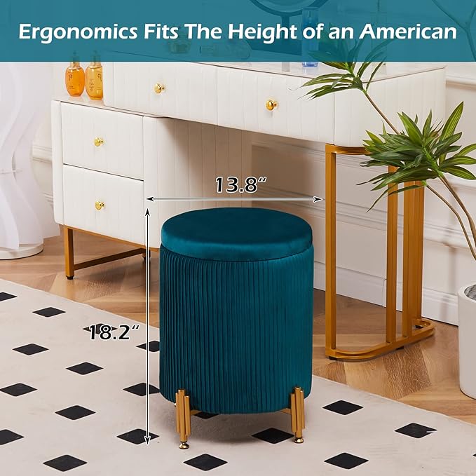 Mxfurhawa Round Ottoman Foot Stool with Storage and Metal Legs for Living Room Bedroom, Velvet Upholstered Footrest Stool Support 300lbs Modern Padded Seat Ottoman Coffee Table (Teal)