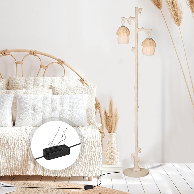 Rattan Floor Lamp with Faux Wood Finish, Boho Floor Lamps with Faux Pinecone and Leaves Decor, Beige
