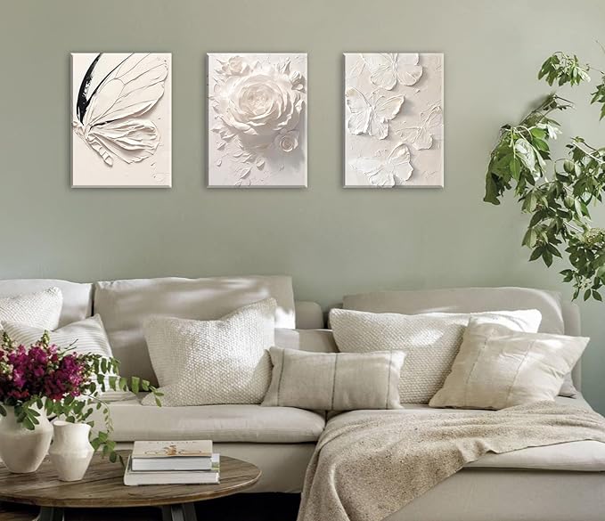 JiazuGo White Pink Butterfly Wall Decor - Modren Butterfly Flower Nursery Canvas Wall Art Contemporary Abstract Art Oil Painting Prints Bathroom Bedroom Home Decorations 12" X 16" X 3 Pieces