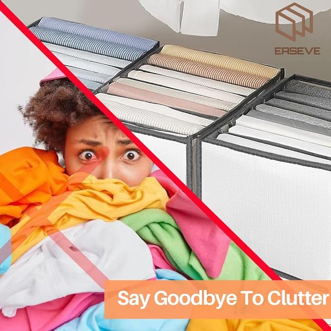 4 Pack Wardrobe Closet Organizer and Storage for Clothes - 7 Grids Foldable Drawer Dividers Organizers for Jeans | Pants | Shirts | Leggings, Stackable Clothing Bins for Closets Organization