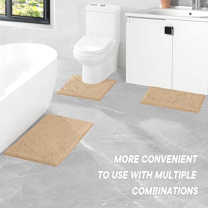 Bathroom Rugs Sets 3 Piece Washable, Luxury ,Chenille Bath Mat Set, Soft Plush Anti-Slip Rectangular Bath, Rug Super Absorbent.3 Pieces Bathroom (Camel, 32"x20"+24"x16"+U Shape 20"x20")