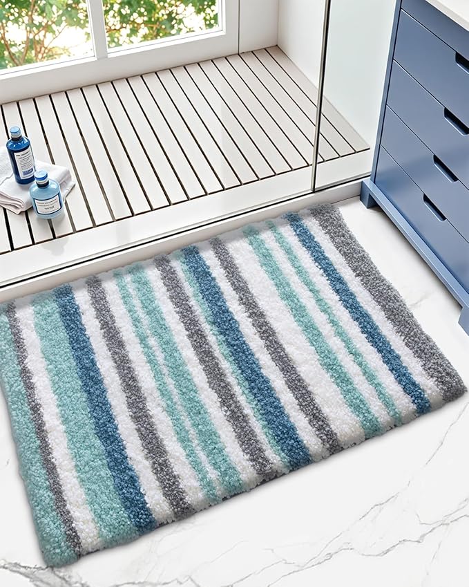 LUMI Striped Bath Rugs, Extra Soft and Absorbent Microfiber Bath Mat, Machine Wash Non-Slip for Bathtub or Bathroom Floor, 24"x43", Blue