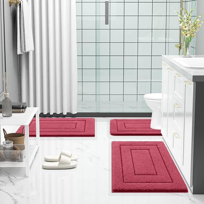 Buganda Bathroom Rugs, 24" x 16", Soft and Absorbent Microfiber Bath Rugs, Non-Slip Shaggy Shower Carpet, Machine Wash Dry Bath Mats for Bathroom Floor, Tub and Shower, Burgundy