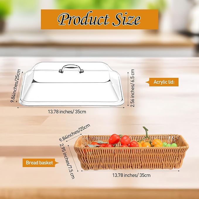 2 Set Wicker Bread Baskets for Serving with Acrylic Lids Woven Imitation Rattan Bread Basket Rectangular with Cover for World Baking Day Fruit Food Serving(13.78" X 9.84")