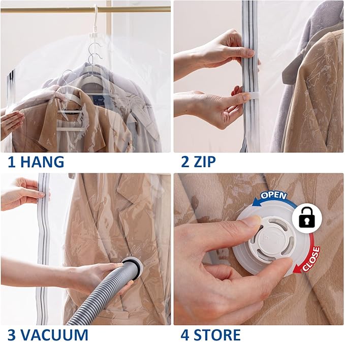 Hanging Vacuum Storage Bags, 6 Pack Large Hanging Space Saver Bags, Vacuum Sealed for Clothes Suits Dress Jackets for Moving Supplies(3 Long, 3 Short)