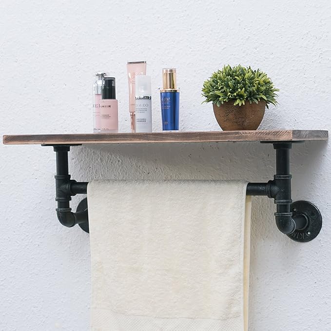 Industrial Pipe Shelving,Iron Pipe Shelves Industrial Bathroom Shelves with Towel bar,24in Rustic Metal Pipe Floating Shelves Pipe Wall Shelf,1 Tier Industrial Shelf Wall Mounted,Retro Brown