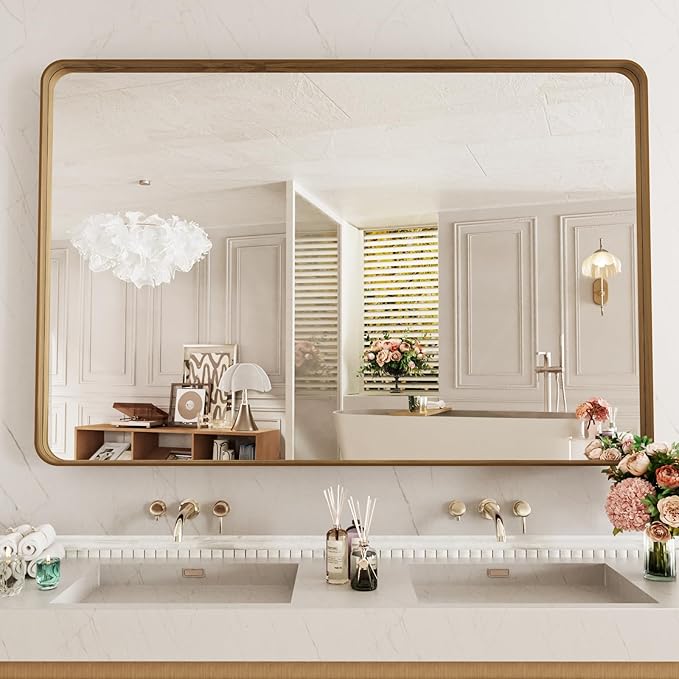 LOAAO 50X30 Inch Bathroom Mirror with Wood Grain Colored Metal Frame, Rounded Rectangle Metal Framed Bathroom Mirror, Anti-Rust, Hangs Horizontally or Vertically, Tempered Glass