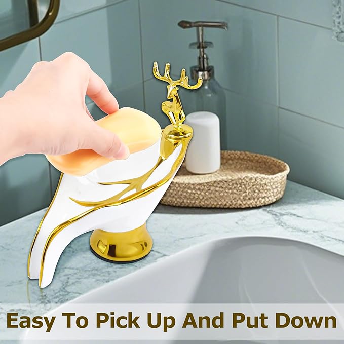 Leaf Shape Ceramic Soap Dishes - Self Draining Soap Dish for Shower, Bathroom Sink, Bathtub, Kitchen Counter (White)