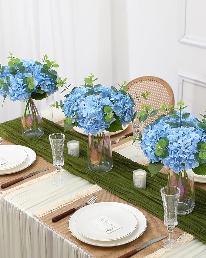 Tifuly Fake Hydrangea Artificial Flowers with Vase 4pcs Real Touch Faux Hydrangea and 3pcs Eucalyptus Stems for Wedding Centerpiece Home Party Table Decoration(Blue)