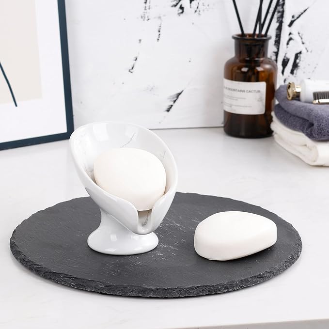Soap Dish, Self Draining Bar Soap Holder for Bathroom Sink, Leaf Shaped Drainage Ceramic Marble Porcelain Decorative Soap Dish, No Suction Cup, ANTIS'S HOME
