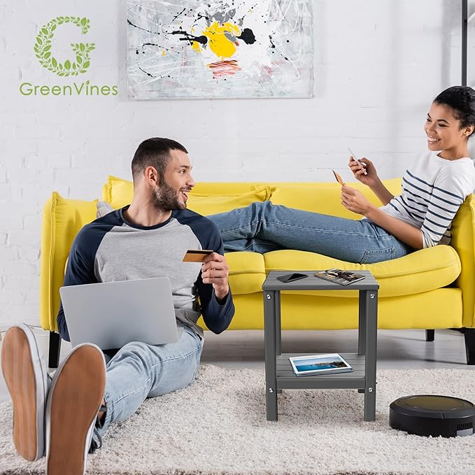 GREENVINES Adirondack-Outdoor-Side-Table | Set of 2 | 14 x 13 Inches | HDPE Plastic | All Weather | Grey | Outside End Tables | Storage Shelf | for Patio Porch Backyard Indoor