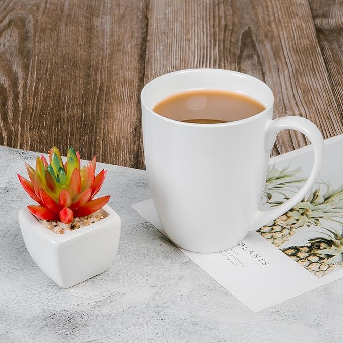 Plain White Fine Bone China Blank Coffee Mugs Set of 2, 11 Oz Tea Cups with Large Handle, Lightweight Ceramic Coffee Mugs, Aesthetic Coffee Cups