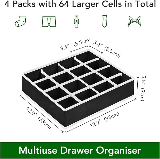 Joyoldelf Sock Drawer Organizer Divider Underwear Organizer 16-cell Fabric Dresser Drawer Organizers Storage Boxes for Socks Lingerie, Handkerchiefs, Ties 4 Pack (Black)