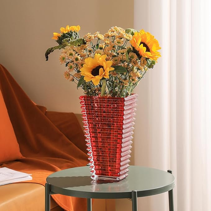 MCMCNCUIU Crystal Vase, Large Crystal Vases for Flowers, Large Flower Vase, Modern Red Vases for Living Room, Bedroom, Kitchen, Dining Table, Mantle, Wedding, 11 Inches