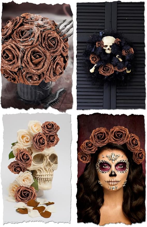 N&T NIETING Artificial Flowers Brown Glitter Flowers Foam 25pcs Roses Real Looking Fake Roses with Stem for DIY Wedding Bouquets Centerpieces Bridal Shower Party Home Decorations