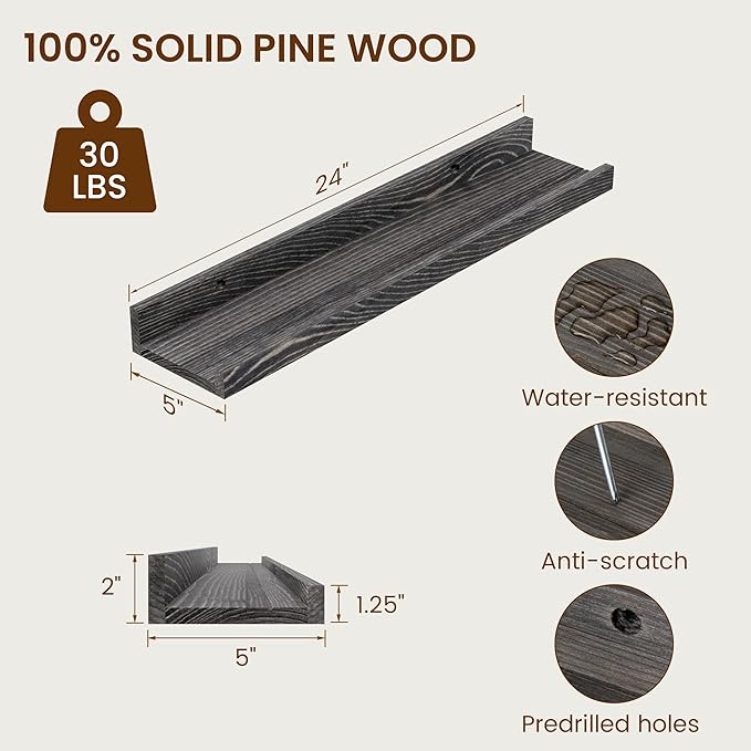 Picture Ledge Shelf, Solid Pine Wood Rustic Floating Shelves for Wall, 24 Inch Floating Shelves with Lip for Bedroom Kitchen Living Room Nursery Display Wall Decor, Set of 2 (Grey)