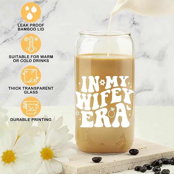 New Wifey Gifts, Bride Wedding Gift, Bridal Shower Gifts, Newlywed Present for Bride, Bride to Be Gift Idea, In My Wifey Era Ice Coffee Cup, Newly Married, Wife Present, 16 OZ Glass Cup w/ Lid & Straw