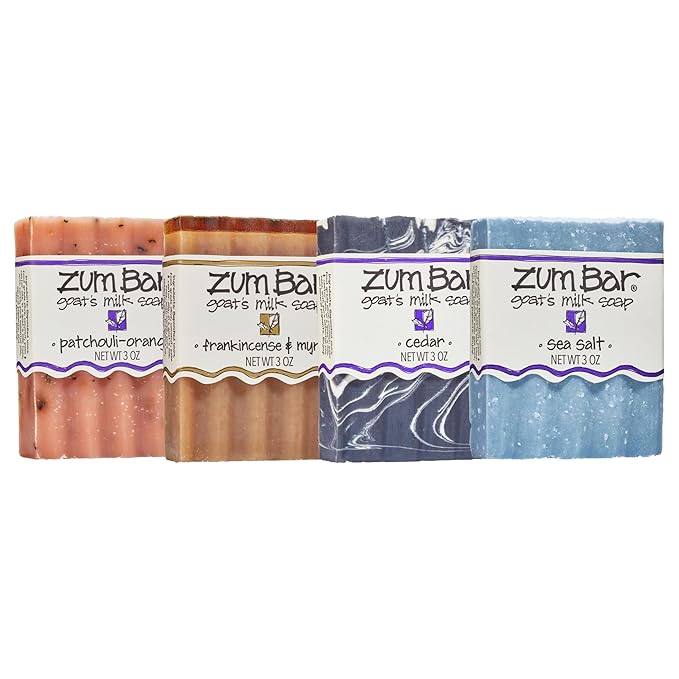 Zum Bar Goat's Milk Soap - Earth and Sea Blends - Frankincense and Myrrh, Sea Salt, Patchouli-Orange, Cedar - 3 oz (4 Pack)