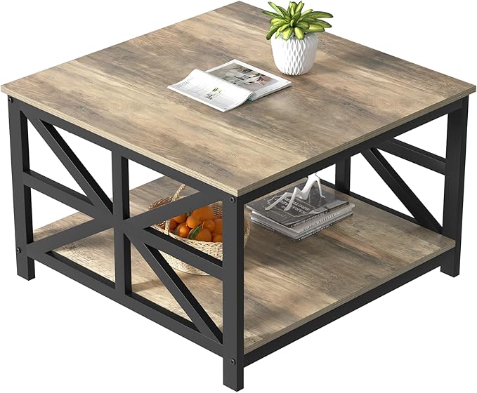 GreenForest Coffee Table with Storage for Living Room, Small Square Center Tables with Seamless One-Piece Tabletop Farmhouse Style, Grey Wash