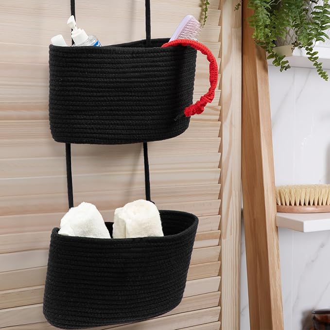 TeoKJ Over the Door Organizer, 3-Tier Woven Cotton Hanging Kitchen Baskets Storage Organizer Bag with Hooks Wall-Mounted Decorative Rope Baskets - Black