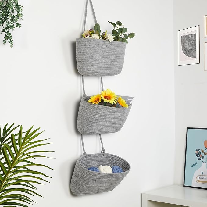DULLEMELO Wall Hanging Basket for Home Decor 3-Tier Woven Cotton Wall-Mounted Hanging Storage Basket, Decorative Woven Storage Basket with Door Hooks, Gray