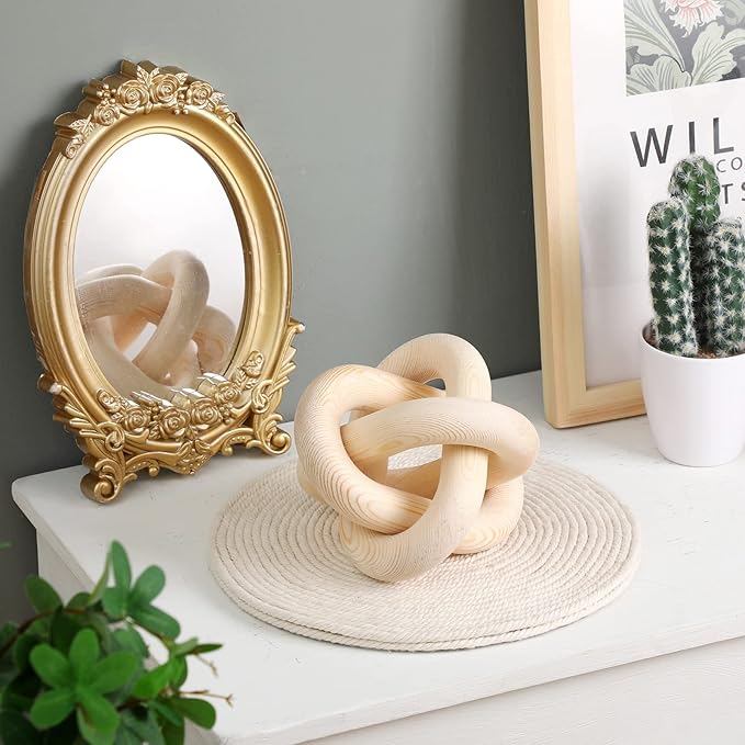 Yalikop 3 Link Wood Knot Decor - Hand Carved Coffee Table Decoration, Boho Chain Link Decor, Modern Shelf, Rustic Objects for Home Living Room Bedroom(Natural)