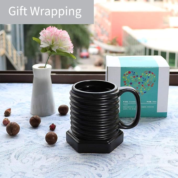 3D Ceramic Cool Mug Black Coffee Mugs Porcelain Attractive Day Gift Mug-Screw Cap Shape Durable Cup Gifts for Man Father Dad Grandfather Women Home Office 12 oz