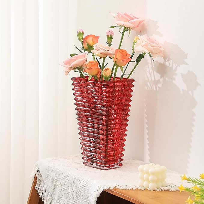 MCMCNCUIU Crystal Vase, Large Crystal Vases for Flowers, Large Flower Vase, Modern Red Vases for Living Room, Bedroom, Kitchen, Dining Table, Mantle, Wedding, 11 Inches
