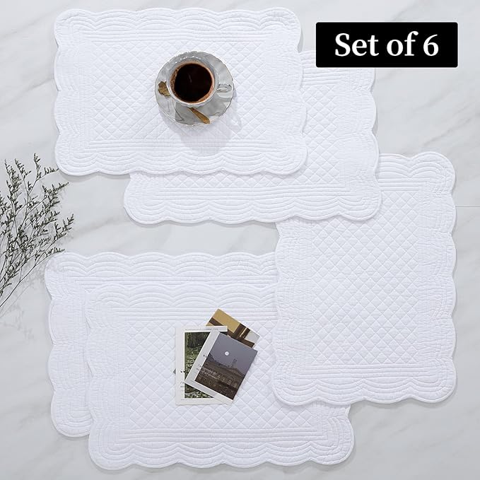 HOMBYS Quilted Placemats Set of 6 Washable-13x18 inches Rectangular Placemats for Kitchen Table-100% Cotton Fabric Rectangular Table Mats, (Pure White)
