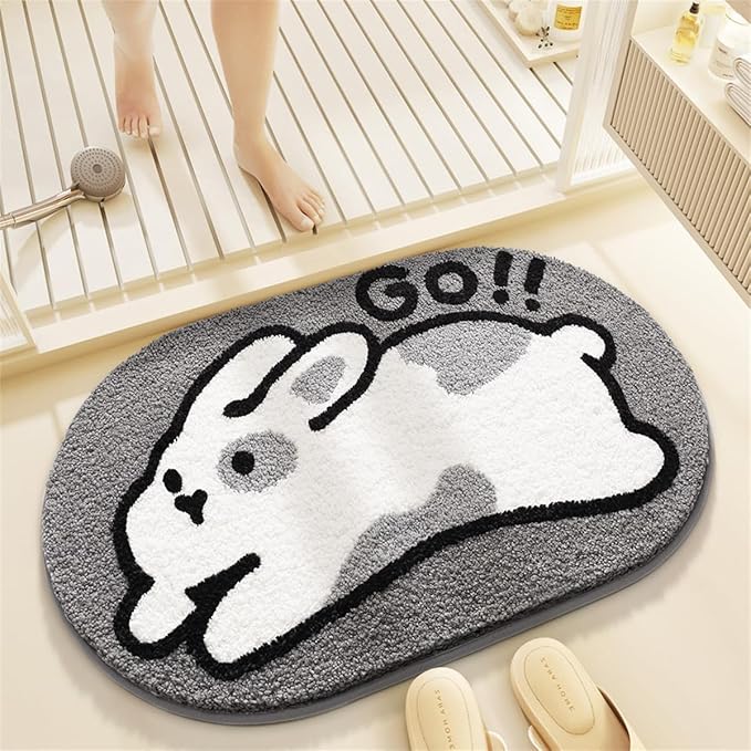 Bathroom Rug Cute Animal Pattern Fun Bath Mat, Microfibre Soft Oval Rug, Rubber Back, Multi-Color, Durable, Machine Wash Bath Mat for Bathroom Floor, 15.75"x 23.62", (Rabbit)
