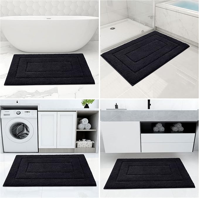 Buganda Bathroom Rugs, 24" x 16", Soft and Absorbent Microfiber Bath Rugs, Non-Slip Shaggy Shower Carpet, Machine Wash Dry Bath Mats for Bathroom Floor, Tub and Shower, Black