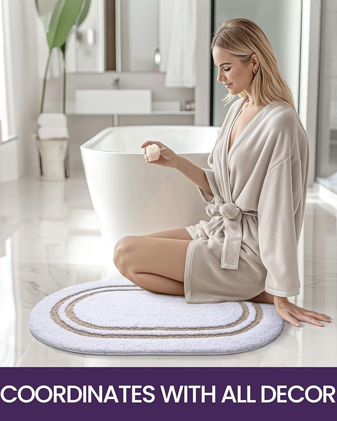 DEXI Oval Bath Mats for Bathroom, 17x30 Absorbent Bath Mat, Washable Microfiber Bathroom Rug with Non Slip Backing for Shower Floor, Beige