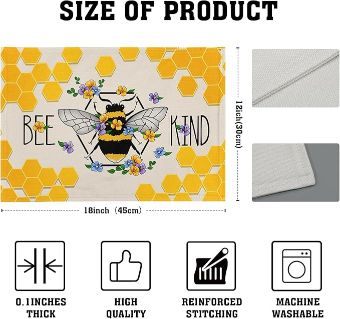 Giwawa Bee Kind Placemats Set of 4-12"x18" Summer Bees Floral Linen Place Mat- Yellow Honeycomb Washable Heat Resistant Table Mats for Kitchen Dining Party Tabletop Picnic Decoration