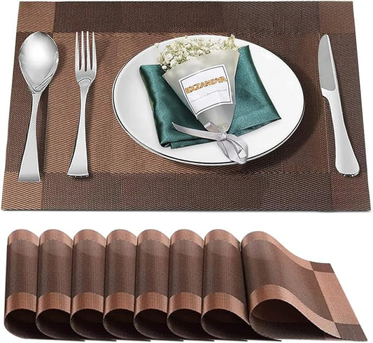 Placemats Set of 8,Washable,Heat and Stain Resistant Indoor/Outdoor Place mats, Vinyl Woven Non Slip Table Mats for Restaurant Table Protection, PVC Table Placemats.(Brown,8PCS)