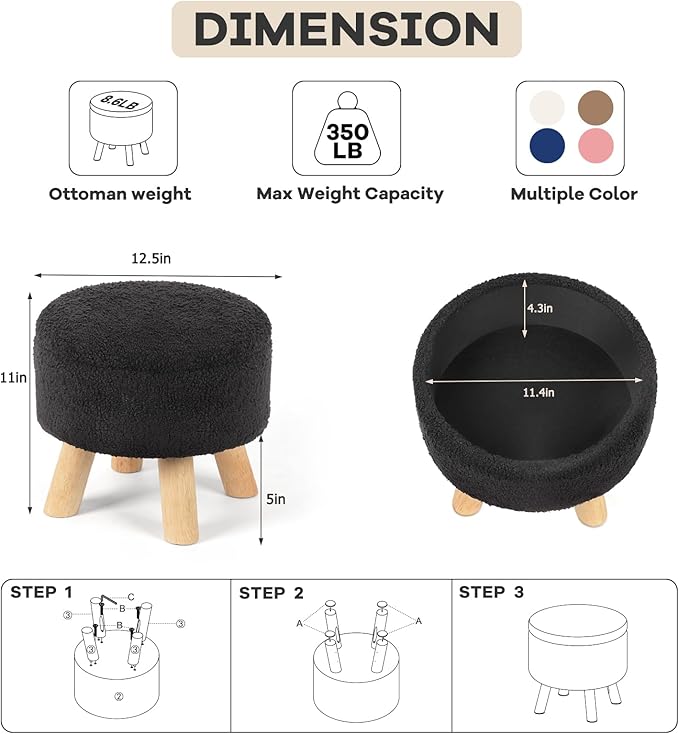 Ottoman Foot Rest, Small Round Ottoman with Storage, Boucle Teddy Velvet Footstool with Wood Legs, Soft Sponge Storage Ottoman for Living Room, Bedroom, Couch, Enterway (Black)
