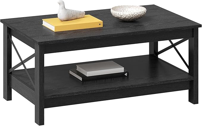 YITAHOME Coffee Table for Living Room, Modern Farmhouse Coffee Table with Storage, 2-Tier Center Table for Living Room Wood Living Room Table Accent Cocktail with Sturdy Frame, Black