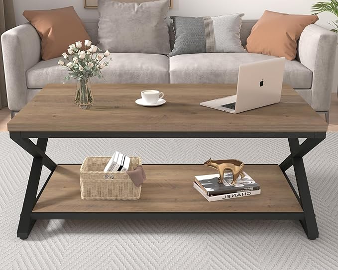 HSH Rustic Farmhouse Coffee Table, Modern Minimalist Wood and Metal Living Room Table, 2 Tie Rectangle Center Table with Storage & Display Shelf, Simple Office Cocktail Tea Table, Rustic Oak, 39 Inch